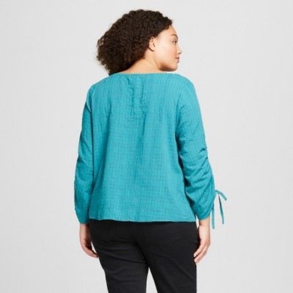 AVA + VIV Ruched Sleeve Turquoise Top - Picture 5 of 7